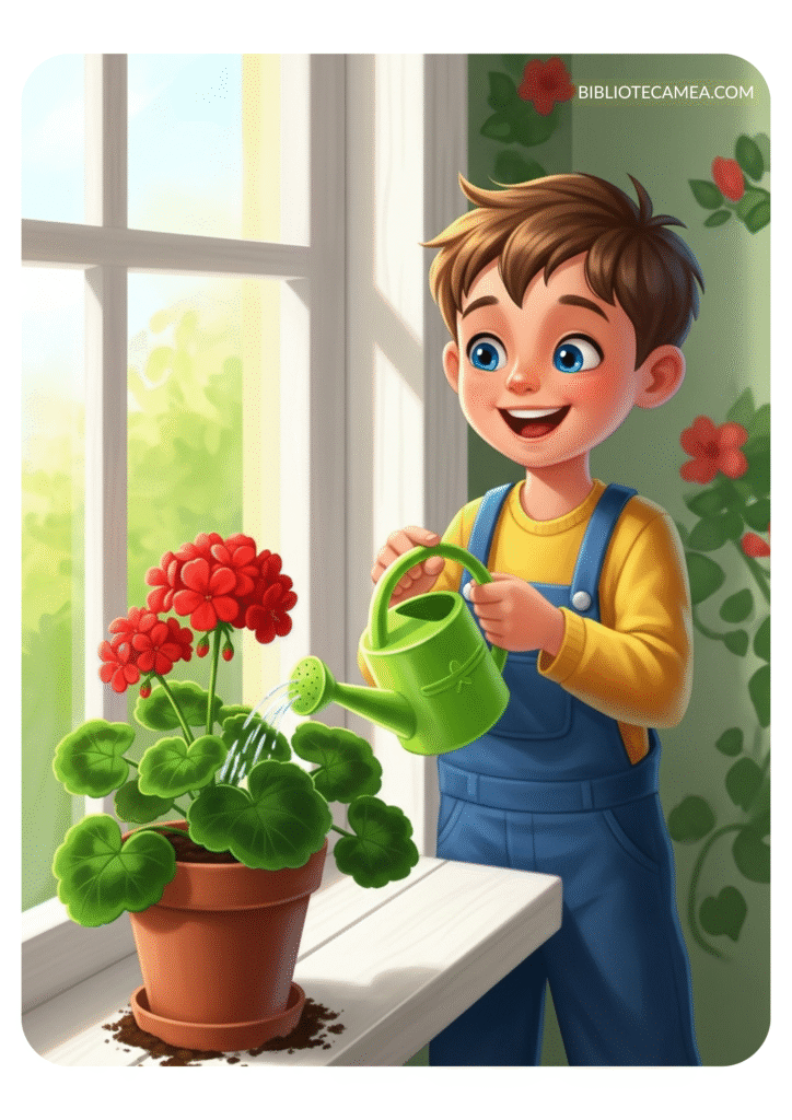 Ilustrație poezie copii Nu sunt prea mic - băiețel hărnicel udând o mușcată la fereastră