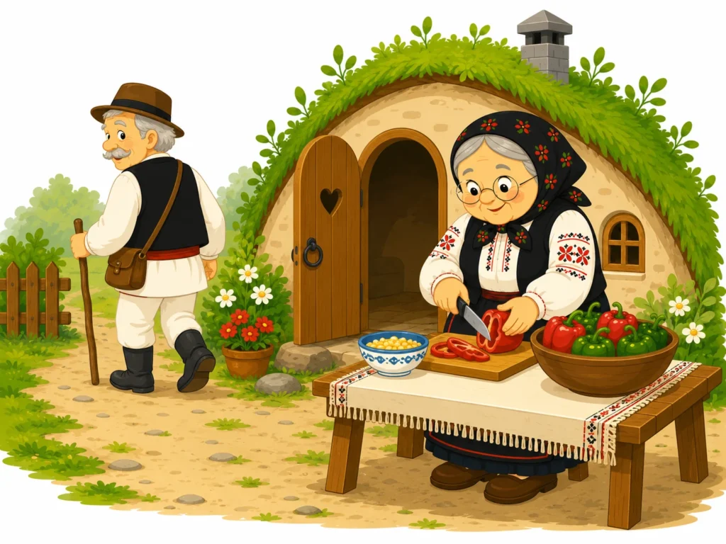 Baba la bordei taie ardei
